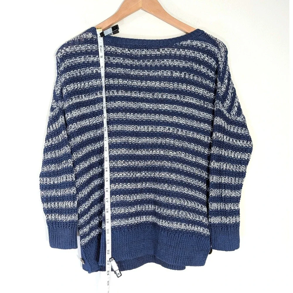 Lucky Brand Blue Striped Sweater; Cotton Knit Side Button Pullover